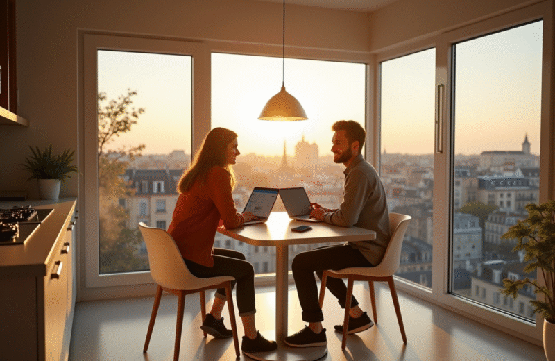 Jeune couple cherchant immobilier sur un ordinateur ensoleille