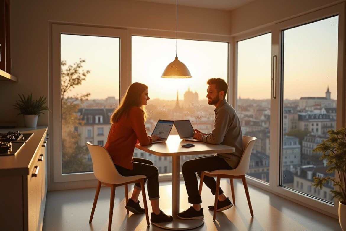 Jeune couple cherchant immobilier sur un ordinateur ensoleille