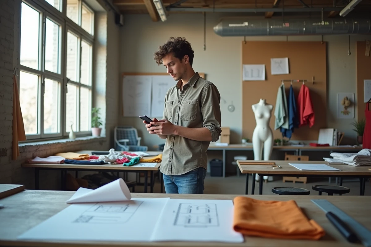 Jeune designer couture dans son atelier avec tissus colorés