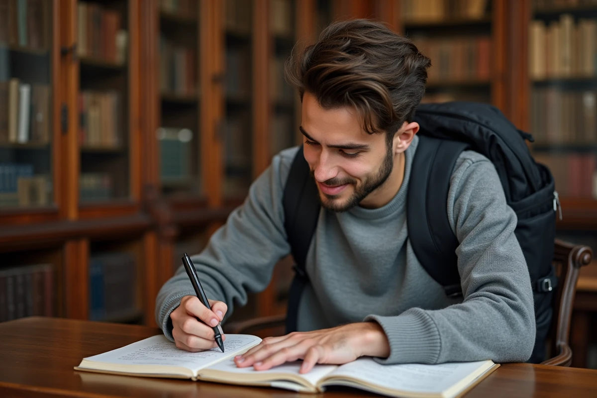Jeune étudiant français écrivant des paroles dans une bibliothèque