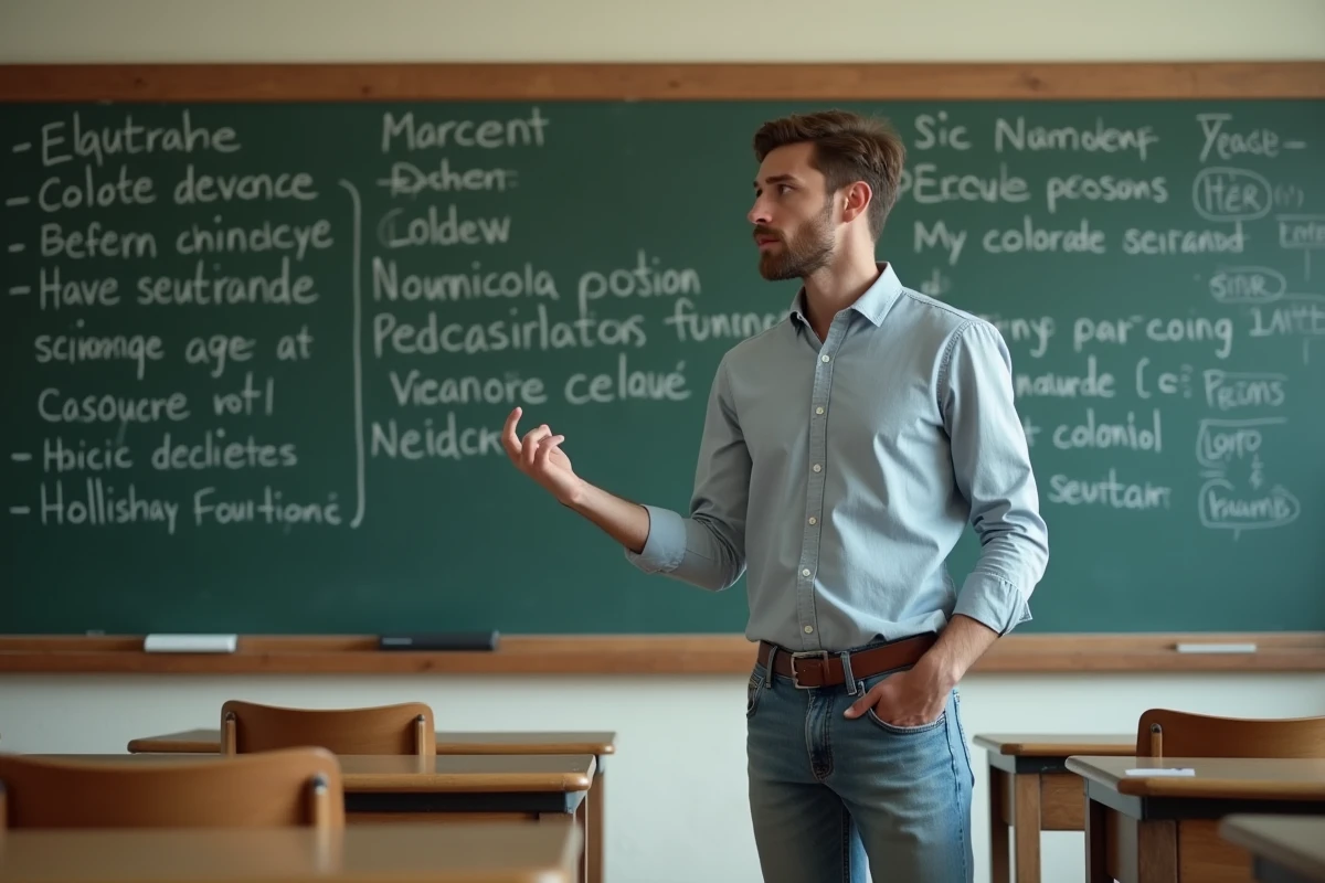 Jeune homme expliquant des notes de grammaire en classe