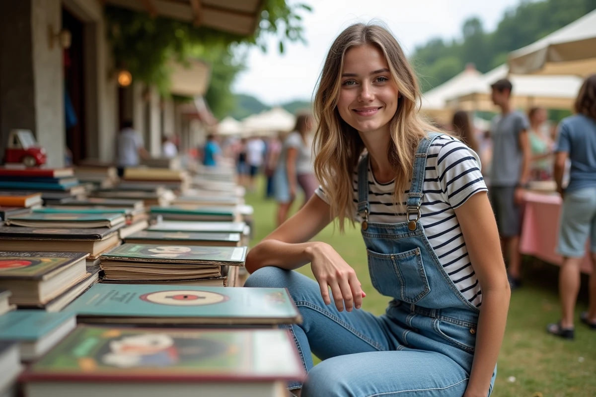 Jeune femme en overalls regardant des livres et disques anciens à la brocante