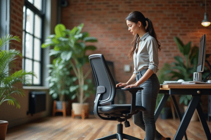 Jeune femme professionnelle inspectant une chaise de bureau d'occasion