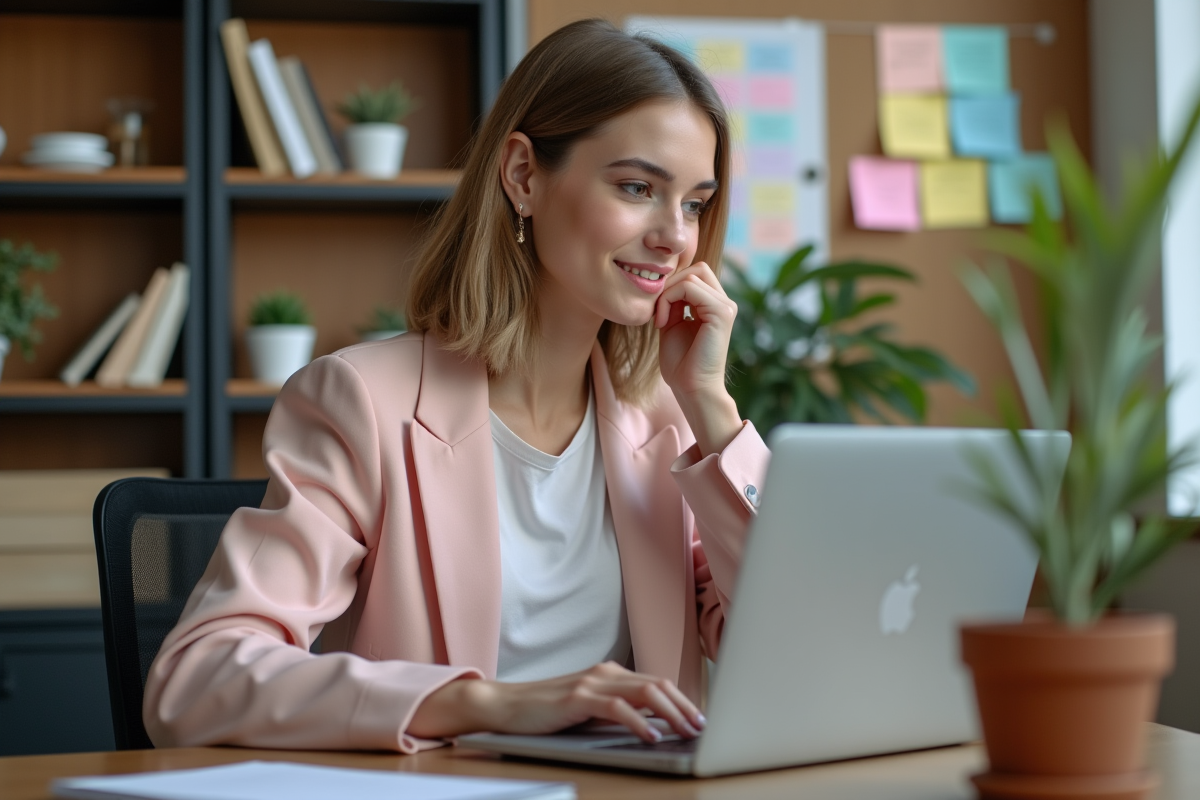Jeune femme en blazer pastel travaille sur son ordinateur dans un bureau moderne