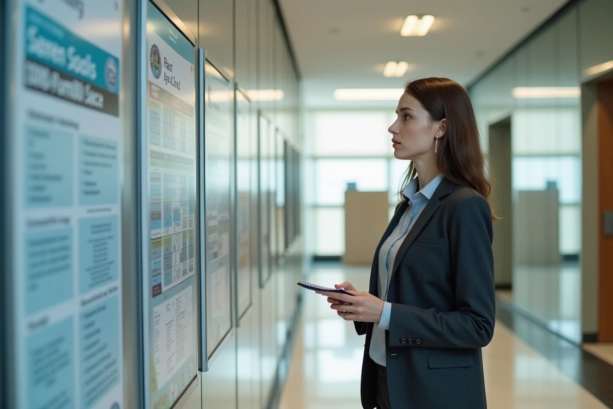 Jeune employée municipale regardant un tableau de carrière