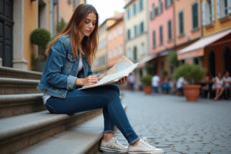 Jeune femme étudiant une carte dans une place européenne