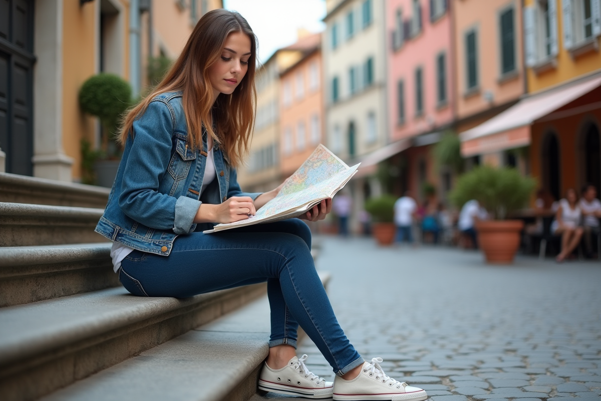 Jeune femme étudiant une carte dans une place européenne