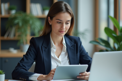 Jeune femme ingénieur utilisant une tablette numérique dans un bureau moderne