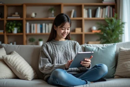 Jeune femme lisant manga numérique sur un sofa cosy