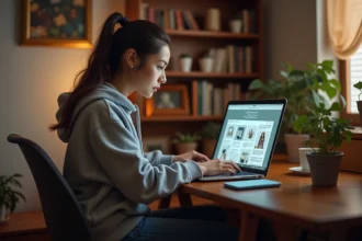 Jeune femme lisant un webtoon sur son ordinateur dans un intérieur cosy