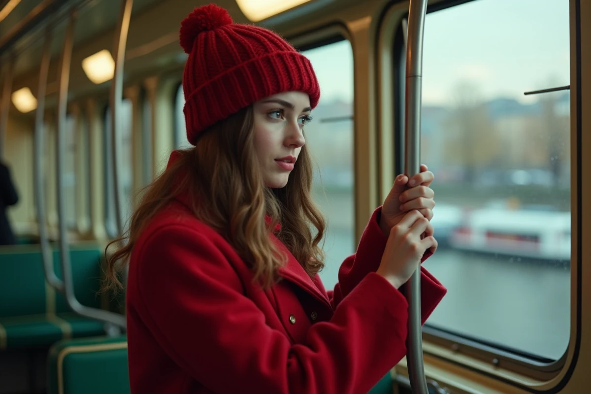 Jeune femme dans un métro vintage à Paris regardant par la fenêtre