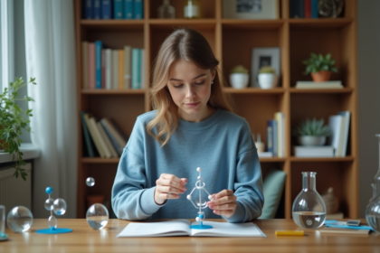 Jeune femme manipulant des modèles d'atomes à la maison