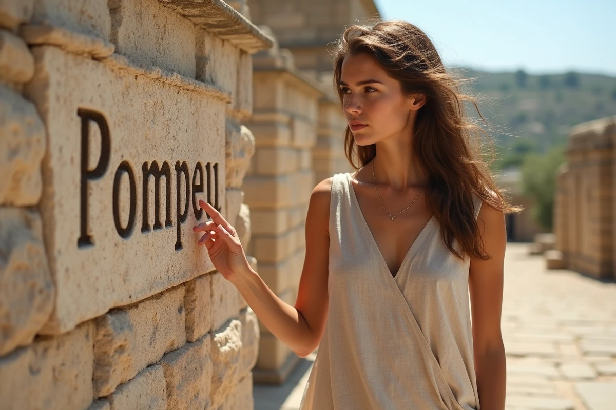 Jeune femme en tunique romaine touchant une inscription antique