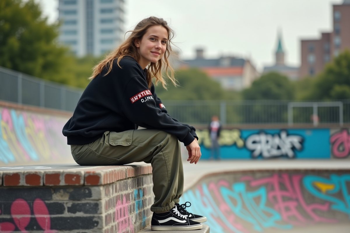 Jeune femme riant dans un skate park urbain