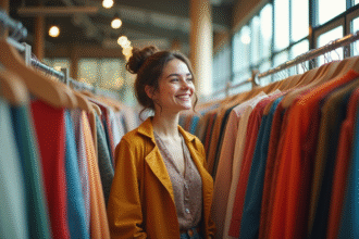 Jeune femme souriante dans une boutique de seconde main colorée