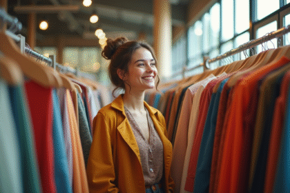 Jeune femme souriante dans une boutique de seconde main colorée