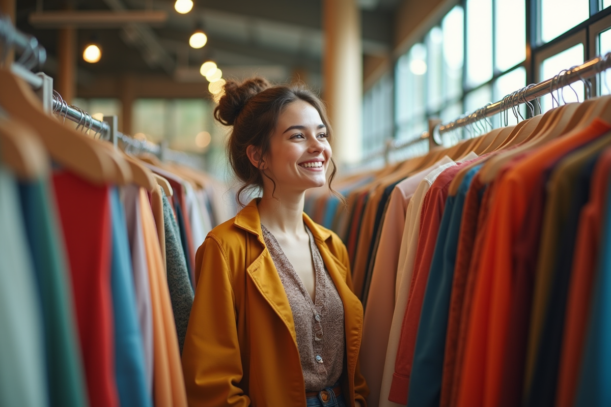 Jeune femme souriante dans une boutique de seconde main colorée