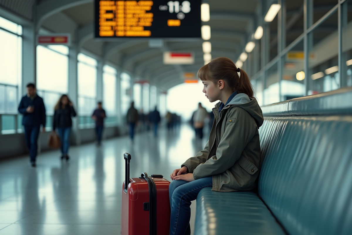 Fille assise à la gare avec valise et tableau de départ