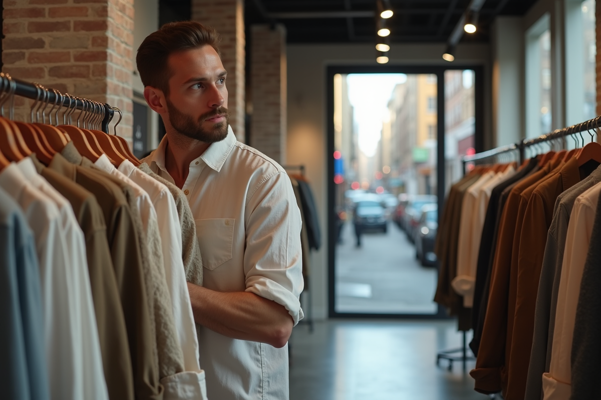 Jeune homme choisissant une chemise en lin dans une boutique urbaine