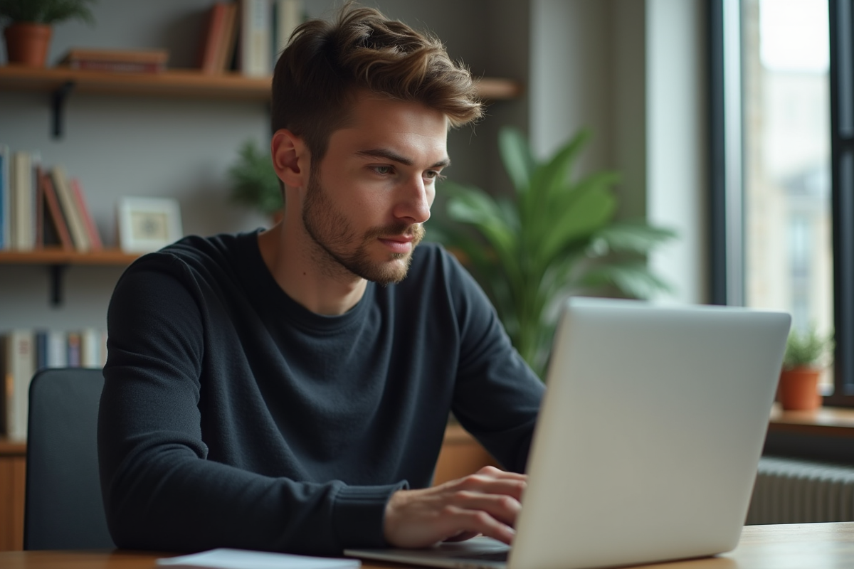 Jeune homme concentré travaillant sur son ordinateur dans un bureau moderne
