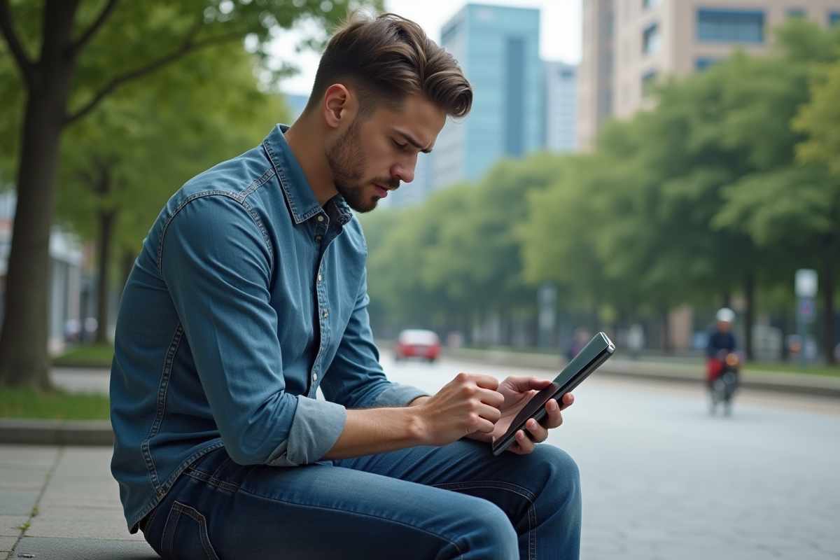 Jeune homme étudiant des graphiques boursiers sur tablette