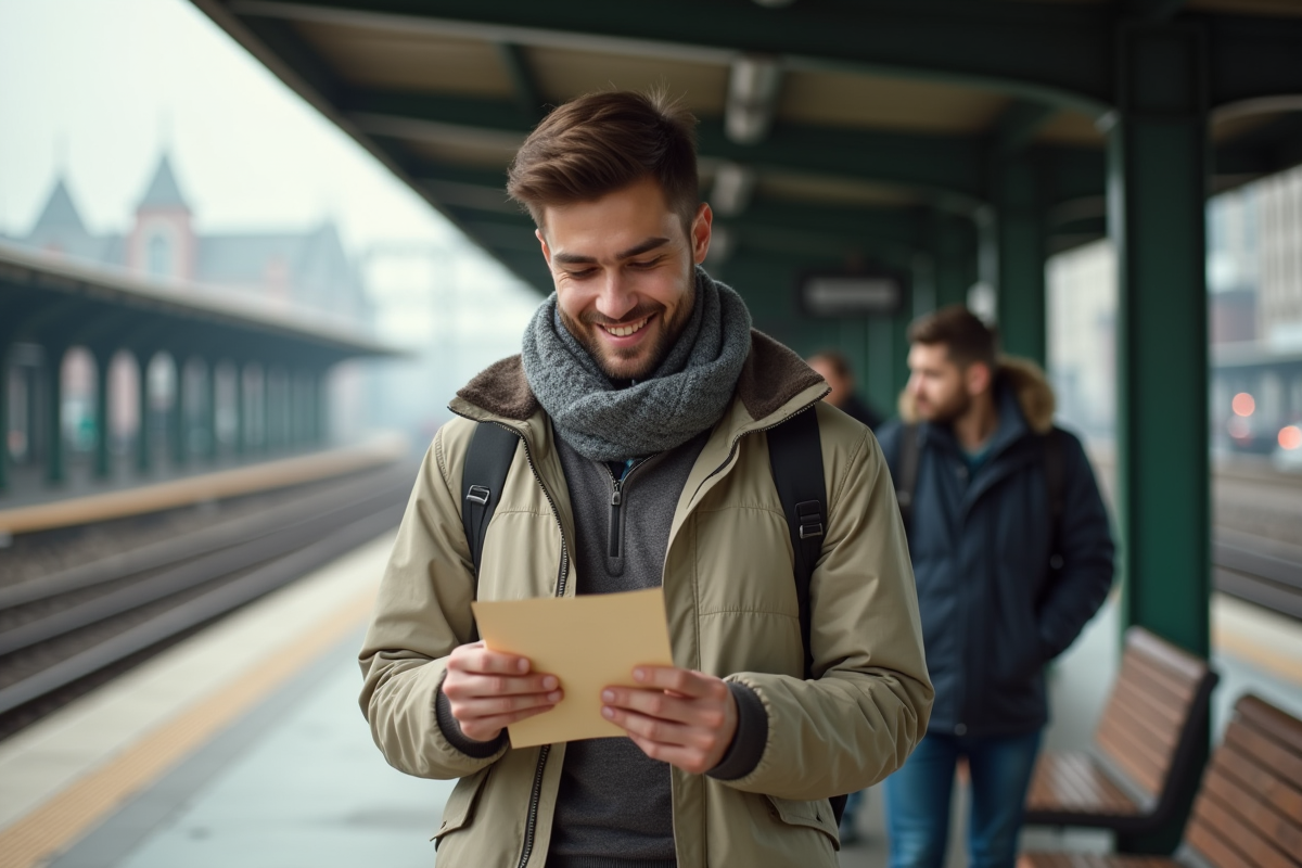 Jeune homme lisant une lettre dans une gare urbaine