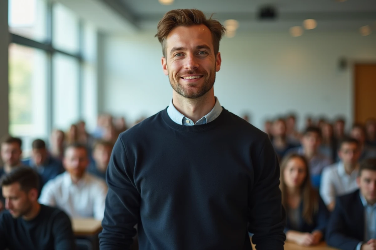 Jeune homme souriant dans amphitheatre universitaire