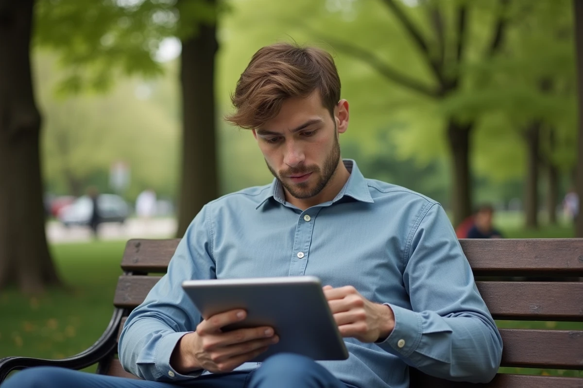 Jeune homme lisant un quiz politique dans un parc français