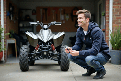 Jeune homme vérifiant la pression du pneu d'un quad 50 cc