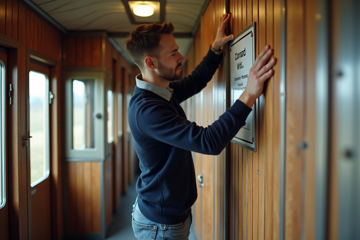 Jeune homme posant un panneau dans un wagon aménagé