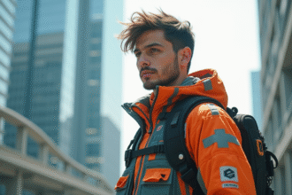 Jeune homme en techwear futuriste dans la ville moderne