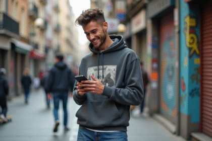 Jeune homme souriant dans la ville avec hoodie graphique