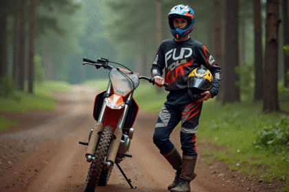 Jeune homme en motocross avec moto tout-terrain en forêt