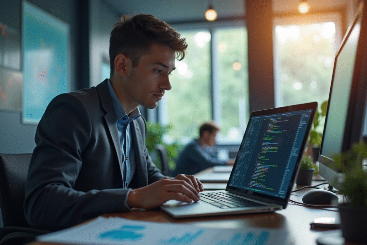 Jeune professionnel travaillant sur un ordinateur avec code R
