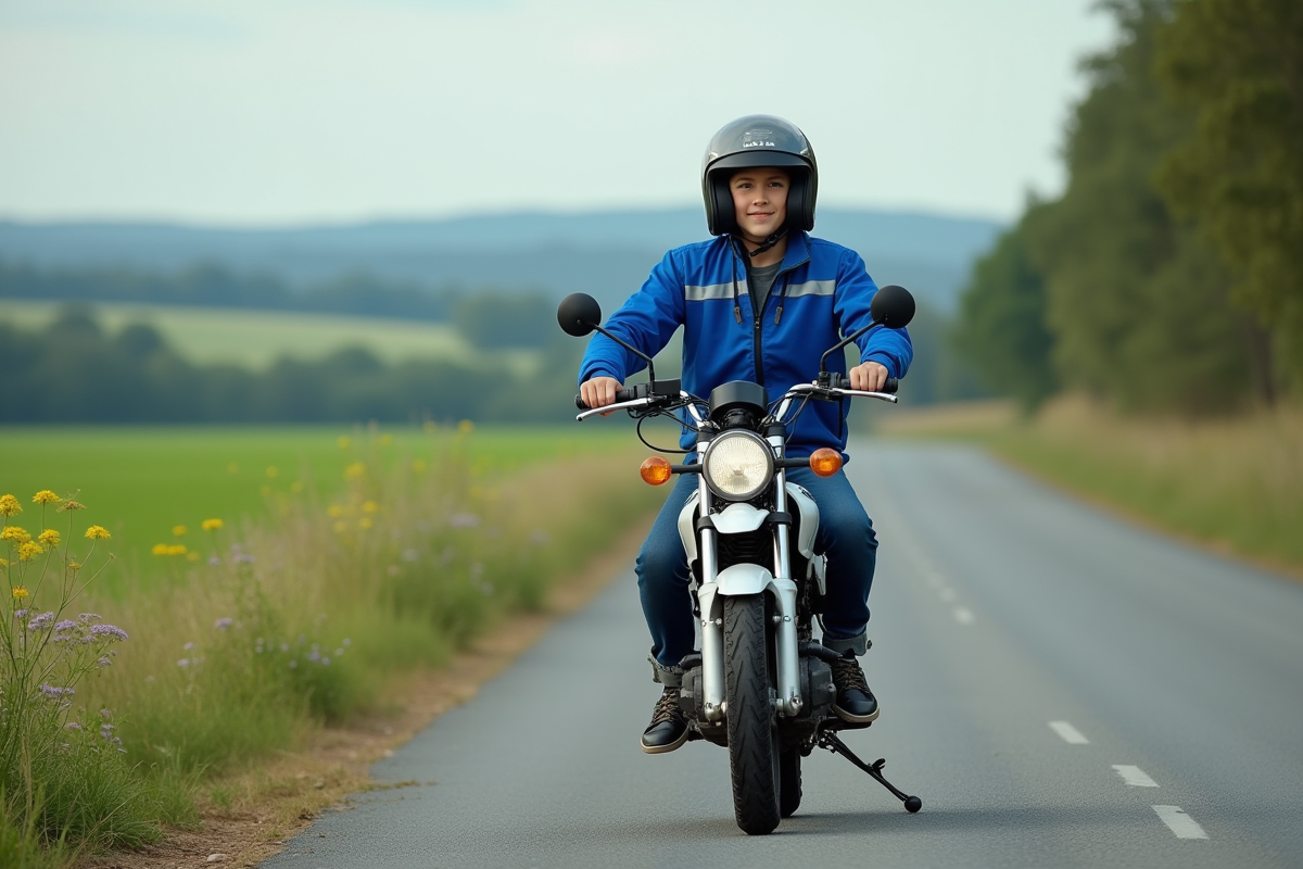 Jeune homme sur sa moto dans un paysage rural