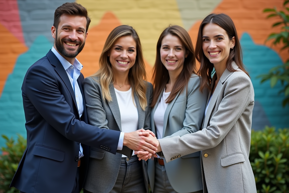 Jeunes adultes souriants devant un mur coloré en extérieur