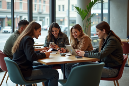 Groupe de jeunes adultes utilisant smartphones dans un café moderne