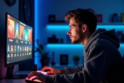 Joueur de League of Legends concentré devant son écran gaming dans une salle de jeu moderne en 2026