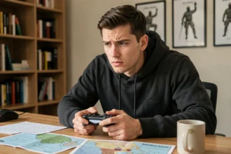 Joueur concentré sur un jeu de stratégie de guerre moderne à son bureau de gaming