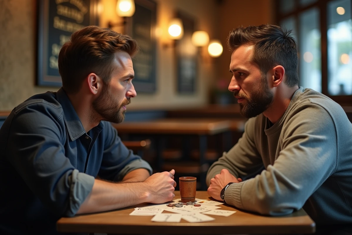 Deux hommes jouant au 421 dans une brasserie parisienne avec un cornet en cuir et une fiche de score sur la table