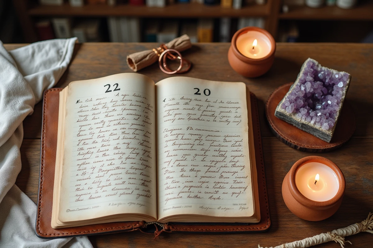 Vue de dessus d'un journal spirituel ouvert avec les chiffres 22 et 20, cristaux et symboles de flamme jumelle sur une table en bois