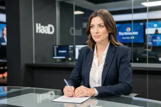 Journaliste professionnelle en studio de télévision devant un bureau de présentation, incarnant le profil d'une reporter Canal+ montante