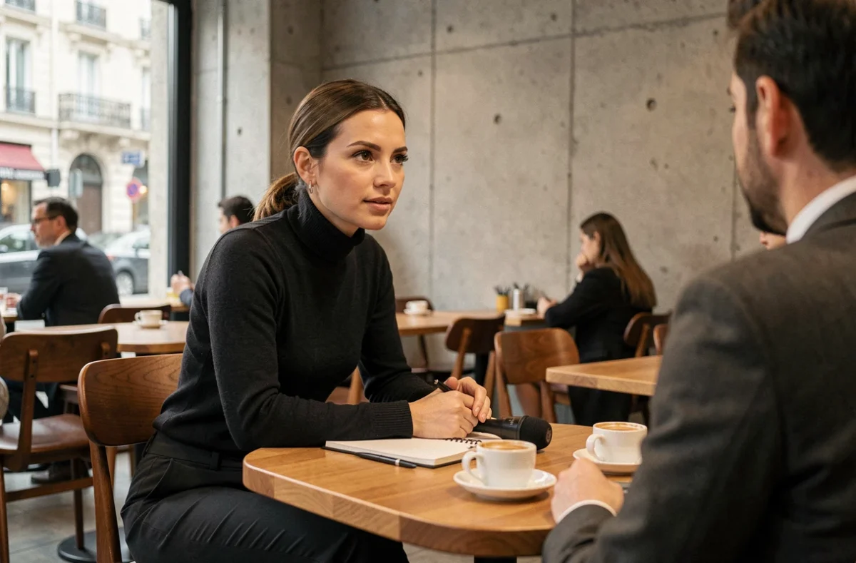 Journaliste réalisant une interview dans un café parisien moderne, illustrant le travail de terrain d'une reporter audiovisuelle en pleine ascension professionnelle