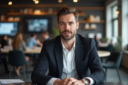 Jeune journaliste homme en bureau dynamique