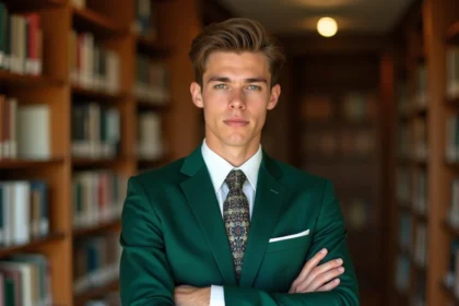 Jeune homme en costume vert à l'expression déterminée devant une bibliothèque médicale, évoquant le personnage de Leorio de Hunter x Hunter