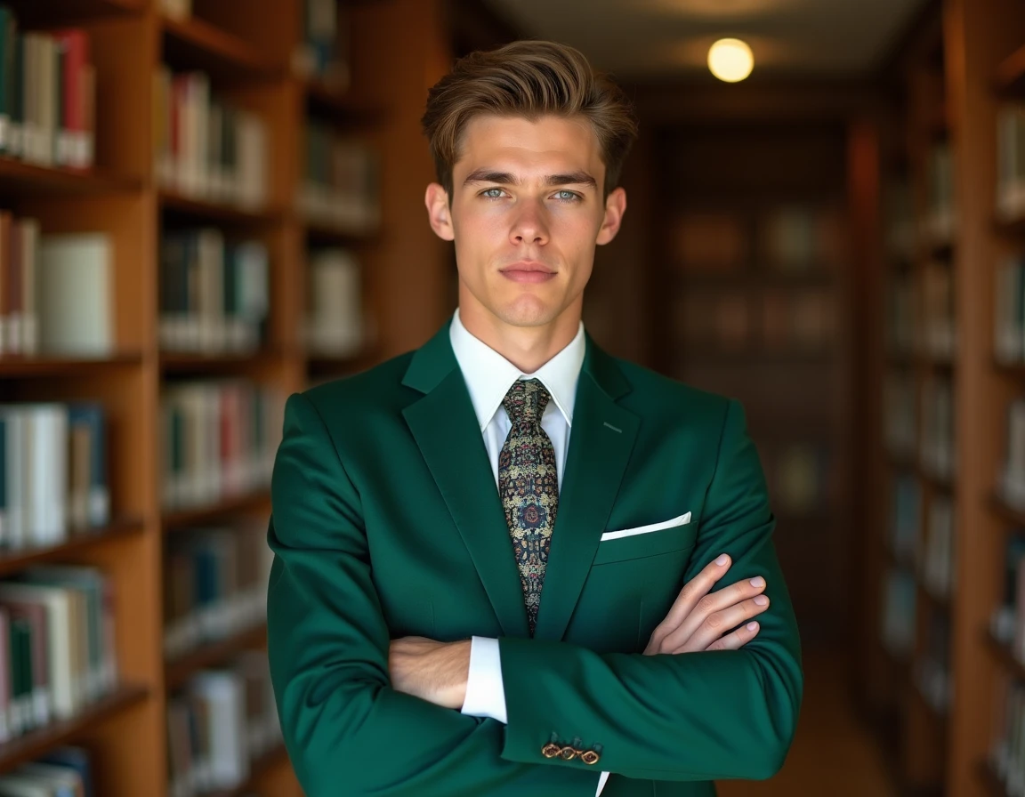 Jeune homme en costume vert à l'expression déterminée devant une bibliothèque médicale, évoquant le personnage de Leorio de Hunter x Hunter