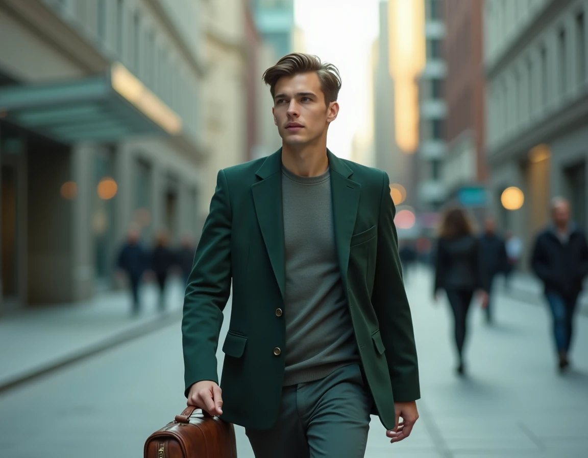 Jeune homme en blazer vert marchant avec détermination dans une rue urbaine, symbolisant le potentiel et la résolution de Leorio dans Hunter x Hunter