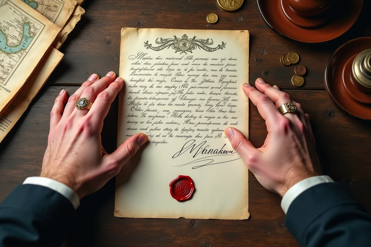 Lettre de style napoléonien générée par napoleonseries.com tenue entre les mains avec cachet de cire et accessoires historiques