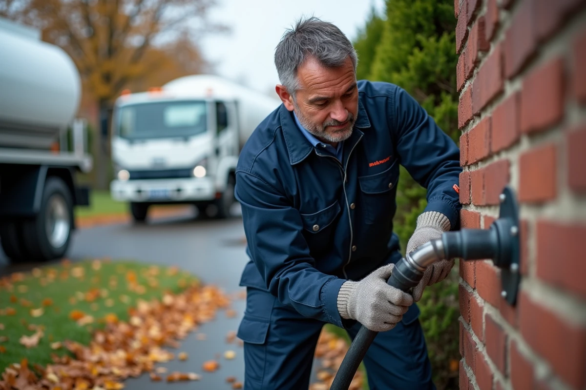Chauffeur livrant du fioul domestique à domicile avec un camion citerne en automne
