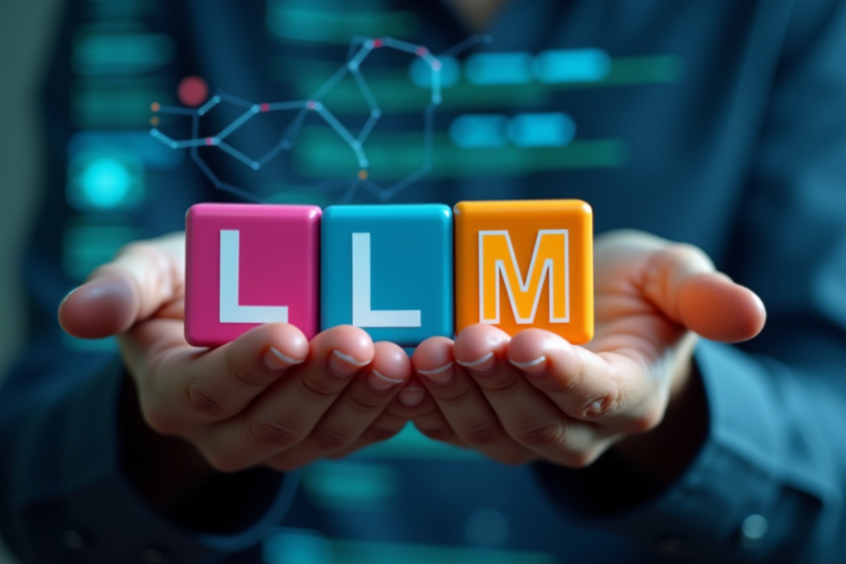 Mains tenant des blocs colorés formant LLM devant un écran code